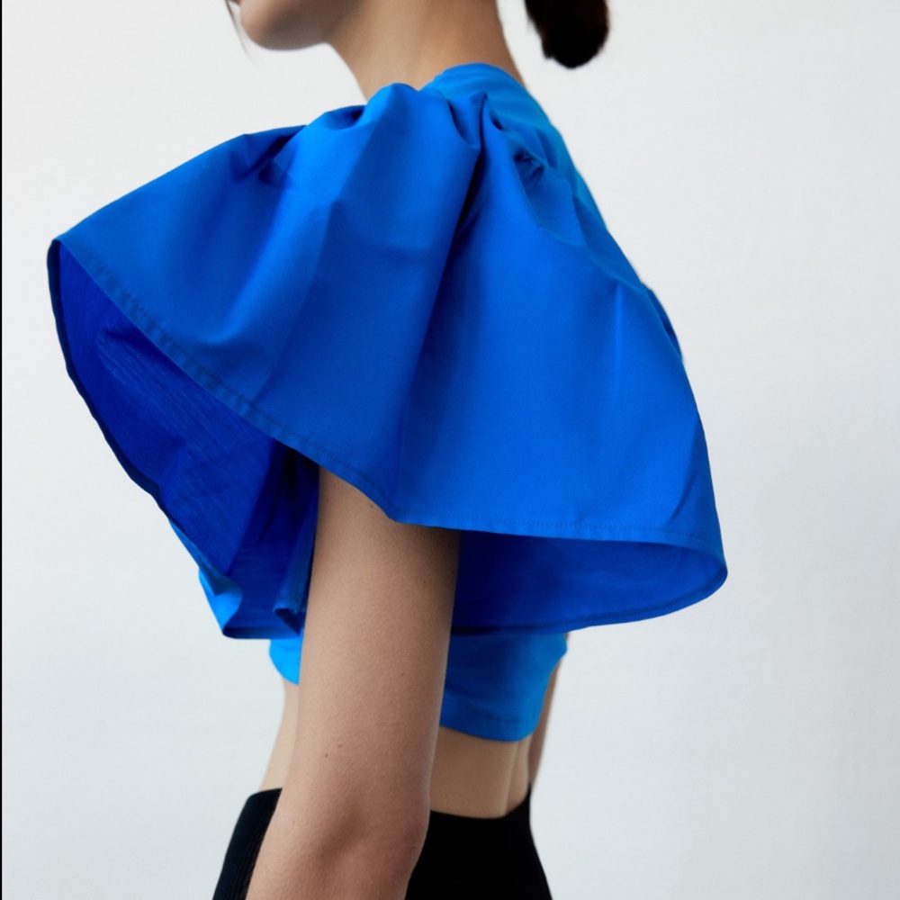 Zara Blue Ruffle Ruched Top Size M - Picture 6 of 8